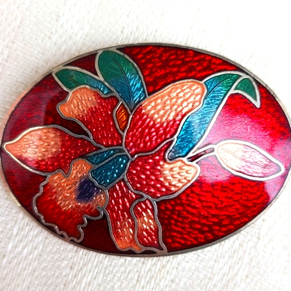 Rare Vtg. CHRISTIAN LACROIX Red Flowered Enamel Brooch Signed - Picture 2 of 5